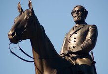 Robert E Lee statue replaced by bronze of obese man in pickup truck holding semi-automatic