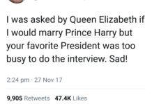 Donald Trump tweets that he was going to be asked to marry Harry but didn’t have time to do the interview.